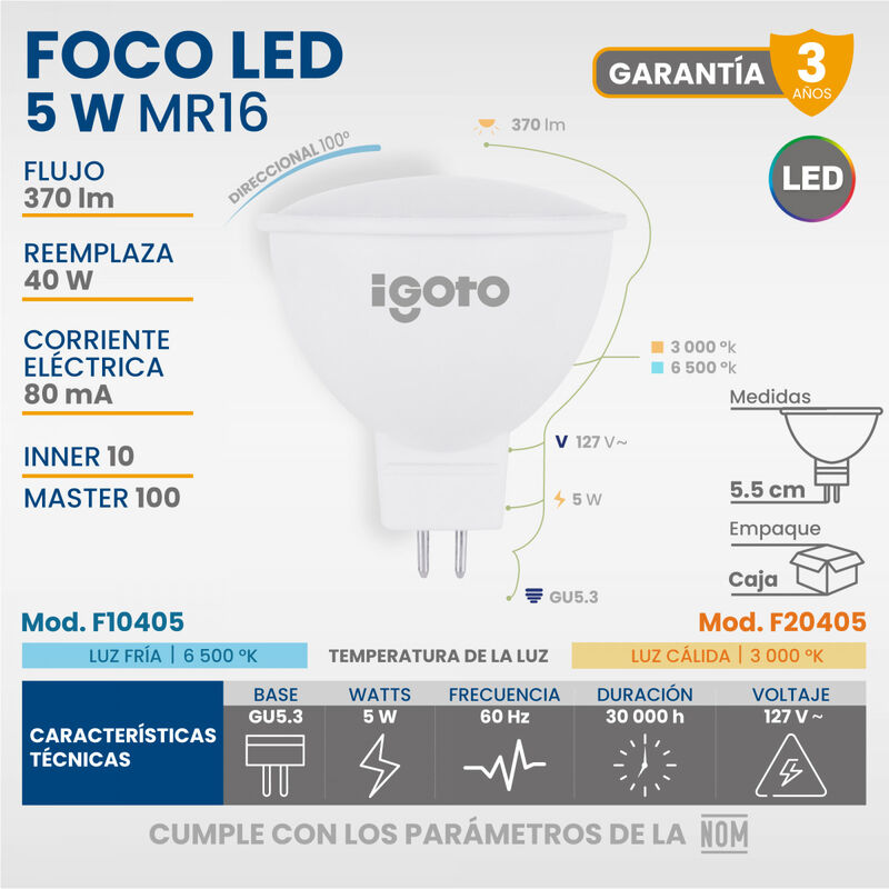 Paquete de 10 piezas Foco Led Dicroica 5w Multi... image number null