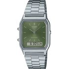 Reloj Casio Vintage AQ-230 Unisex plateado fondo verde
