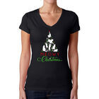 Camiseta De Cuello En V Word Art Para Mujer - &Aacute;rbol Navide&ntilde;o Meow- Negro