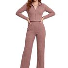Conjunto Mujer 2 Piezas Tejido Acanalado Conj-0138 Negro Blusa Manga Larga Con Cierre Y Pants Para Mujer