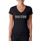 Camiseta De Cuello En V Word Art Para Mujer - Barrios de Boston- Negro